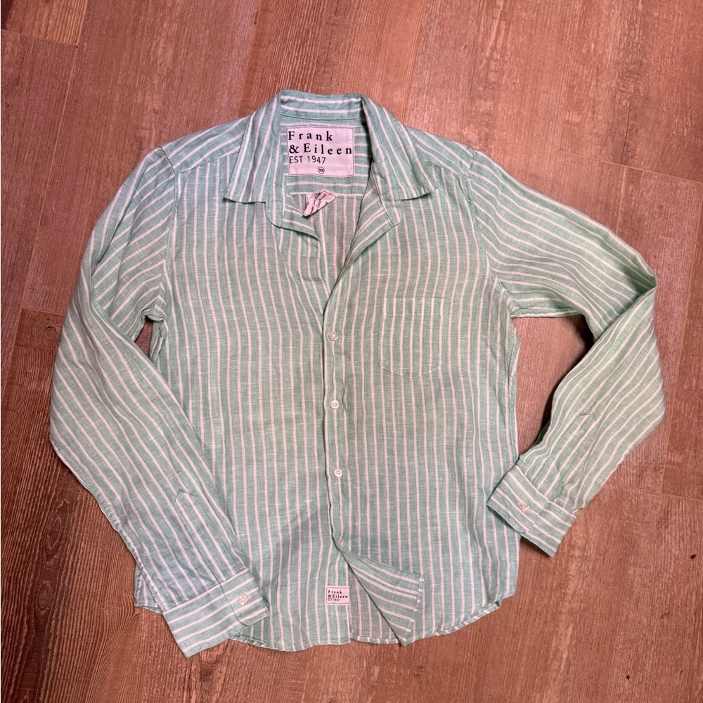 NWOT Frank and Eileen Barry Mint and White Striped Linen Blouse XS